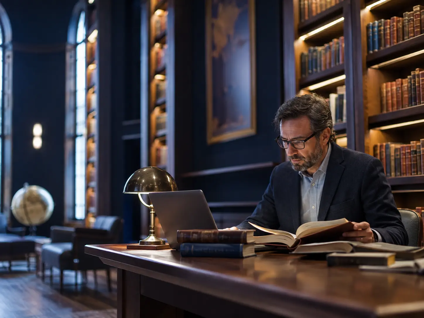 Researcher studying in a cosmic-themed academic library